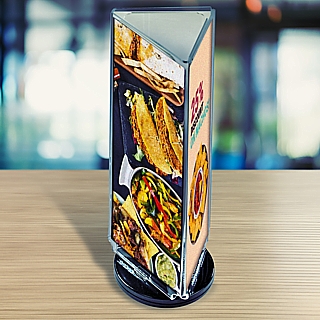 Clear Acrylic 3 Panel Triangular Rotating Sign Holder Frame for Menus or Photos