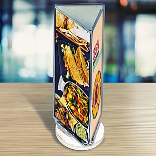 Clear Acrylic Rotating 3 Panel Photo Frames, Sign Holders and Menu Holders in Plexi, Plexiglas, Plexiglass, Lucite and Plastic